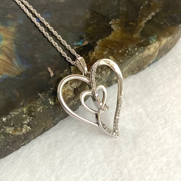 Sterling Silver 925 0.15 CTTW Diamond Heart In Heart Pendant Necklace 18" Chain - Picture 4 of 16
